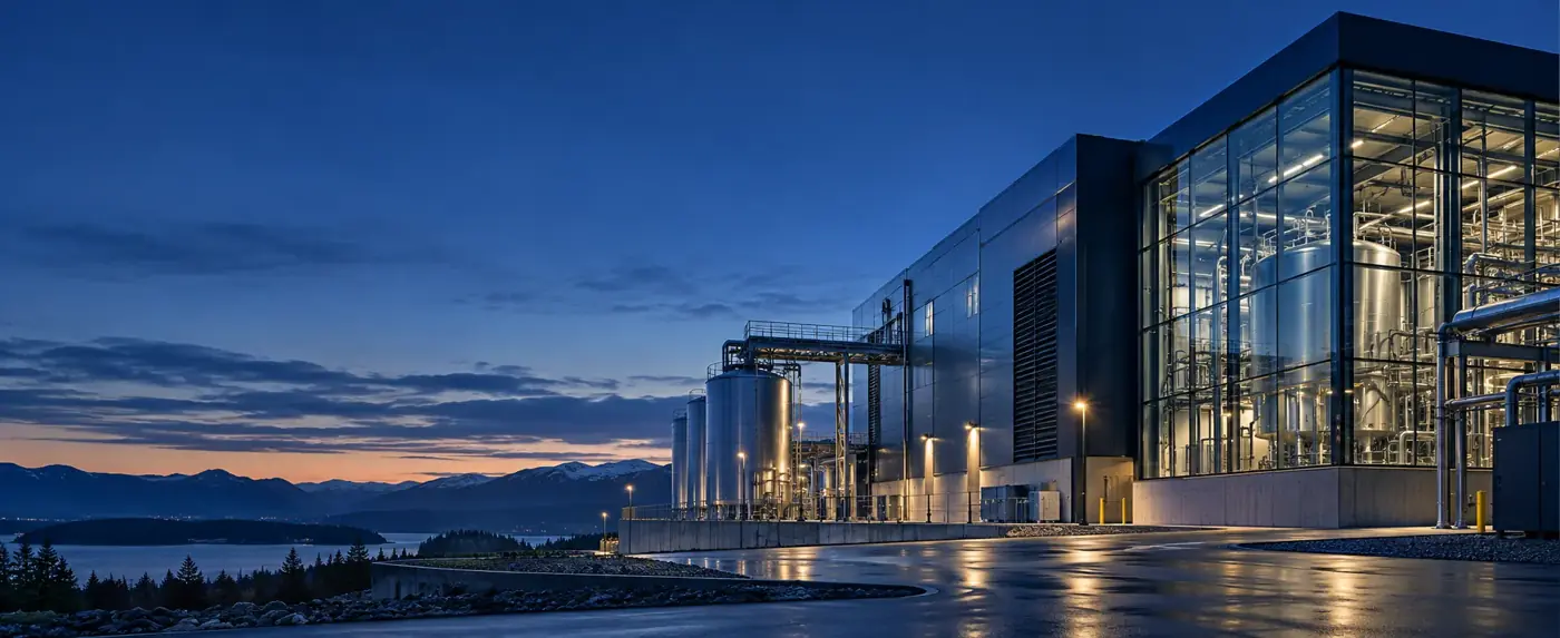 Industrial technology facility at dusk